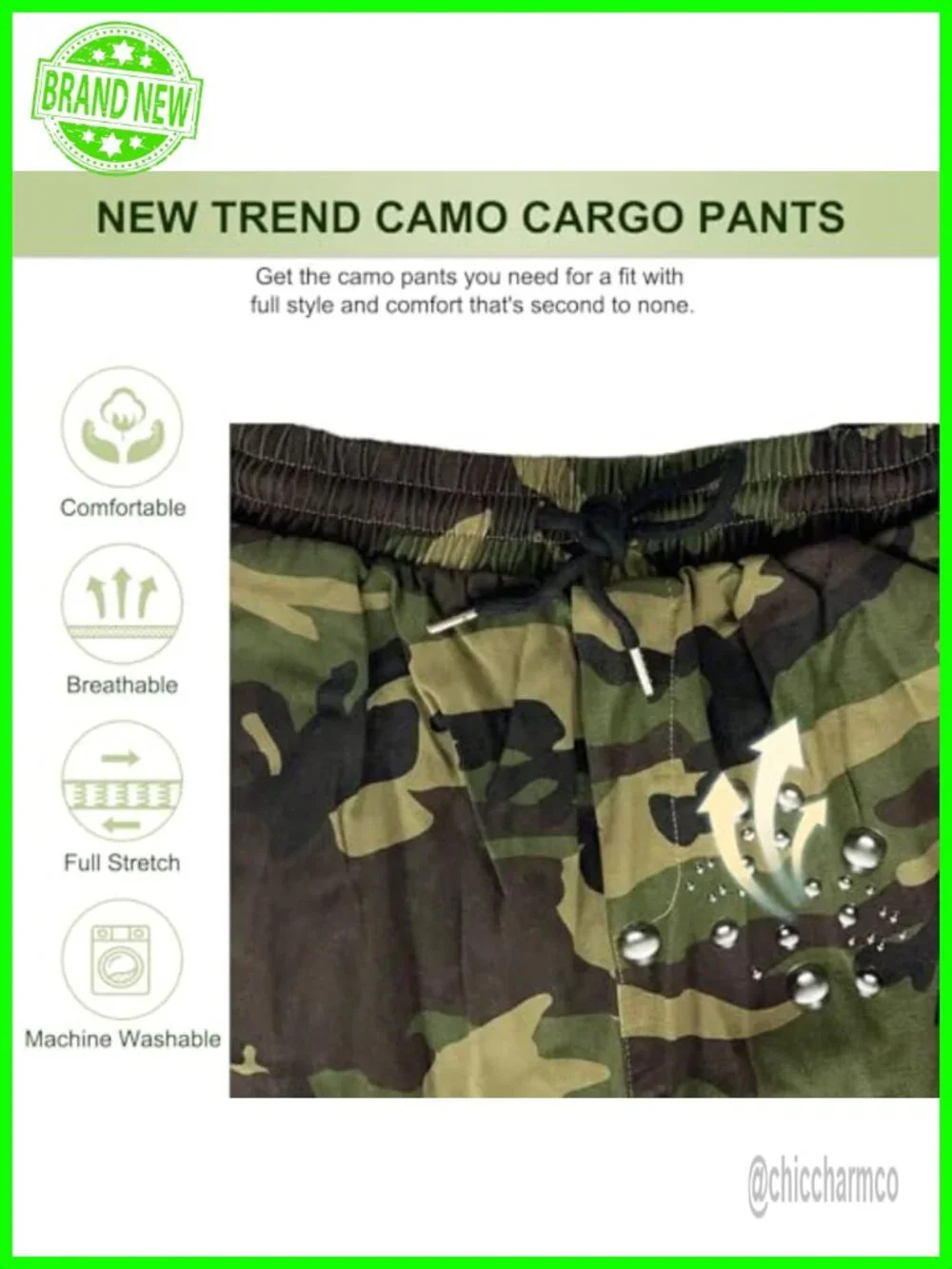 Camo Cargo Pants, Drawstring Elastic Waist, Baggy Wide Leg, 6 Pockets, Hiking - Picture 6 of 7